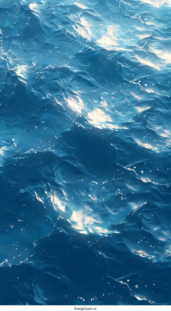 Deep blue ocean surface with bright sunlight reflecting off the waves