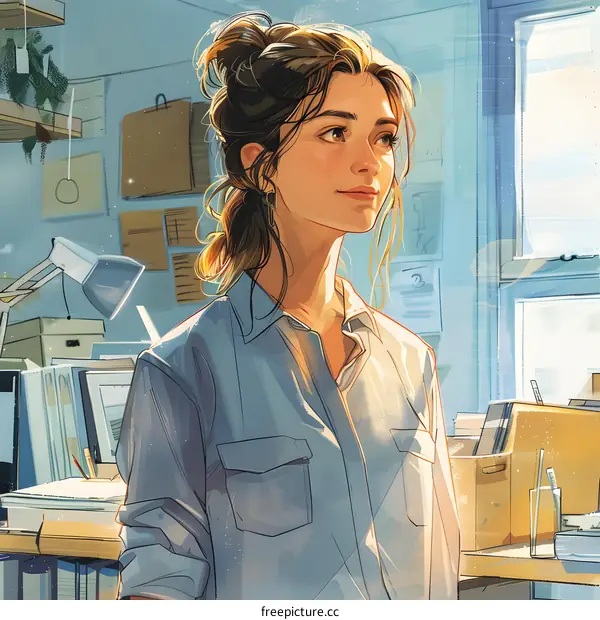 Portrait of a young woman standing in a room with blue walls