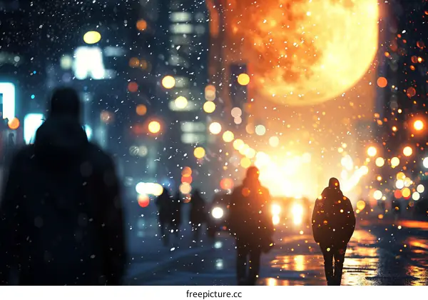 Snowy City Street at Night with Full Moon