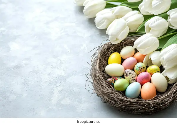 Colorful Easter Eggs in a Nest with White Tulips