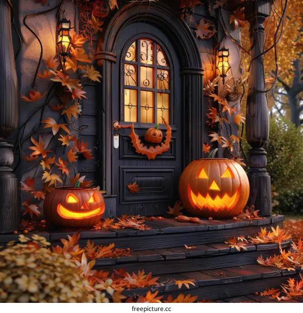 Spooky Halloween Door with Jack-o'-Lanterns and Bats