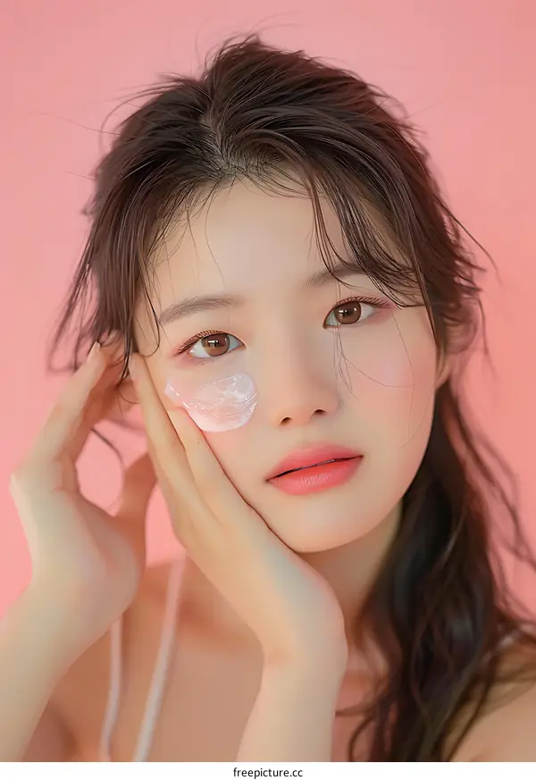 Beautiful Asian Woman Applying Facial Mask on Pink Background