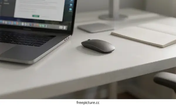 Modern office desk setup with laptop and wireless mouse