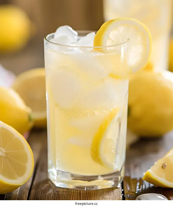 Refreshing Glass of Lemonade with Lemon Slices and Ice