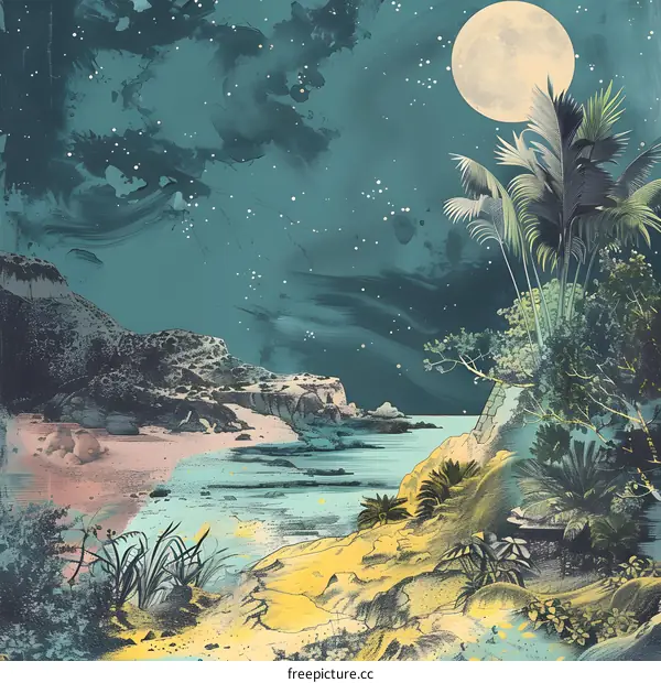 Night Sky Landscape with Moon and Palm Trees