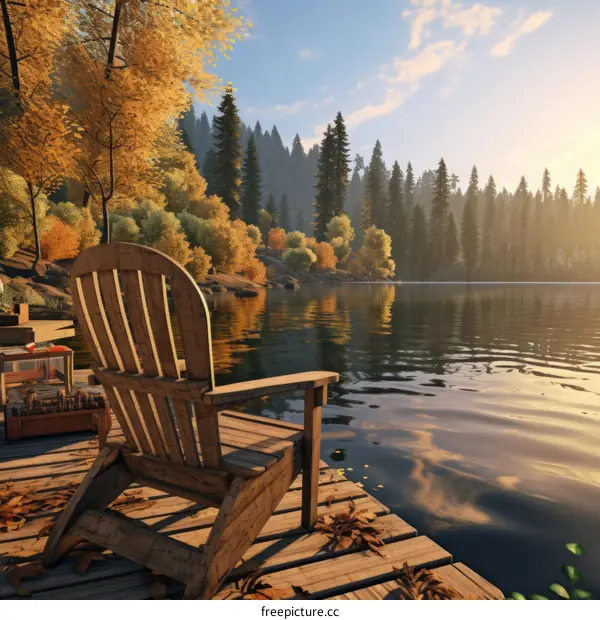 Wooden Adirondack chair on dock overlooking a lake in the fall
