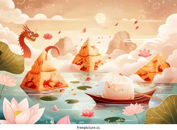 Cute cartoon illustration of Dragon Boat Festival