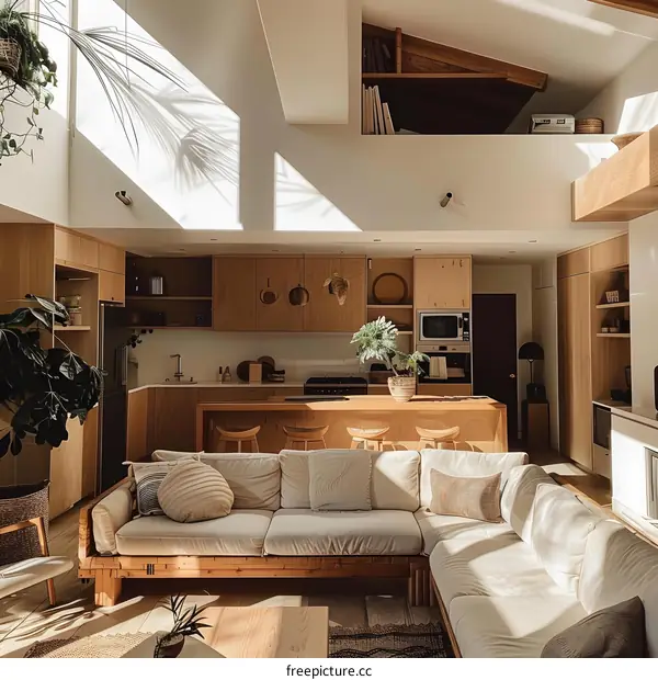 Modern Minimalist Living Room With Beige Sofa And Wood Accent Walls