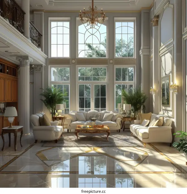 Bright spacious living room with white furniture and green plants