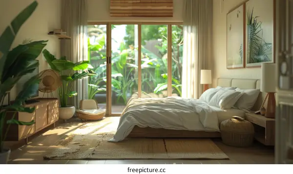 Modern bedroom interior design with large glass windows and tropical plants