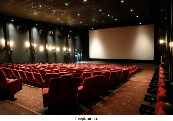 Empty Movie Theater with Red Seats and Large Screen