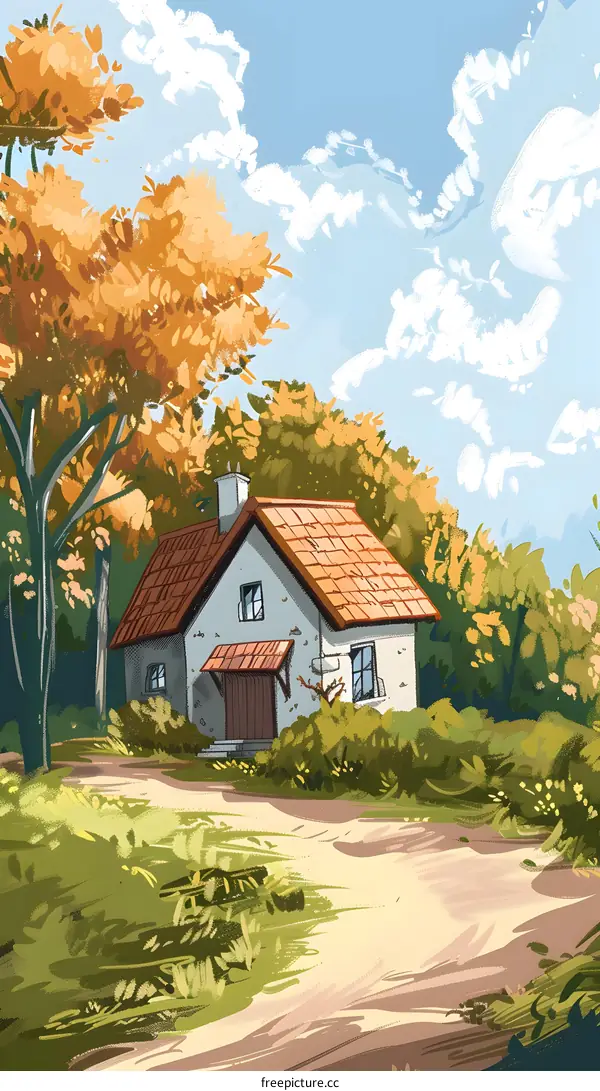 Cute Cottage with Trees and Path Illustration