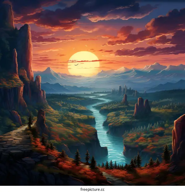 fantasy landscape with river and mountains
