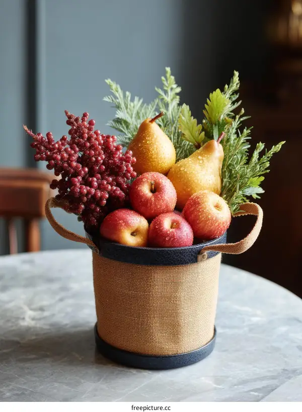 Autumn Fruit Arrangement in a Woven Basket