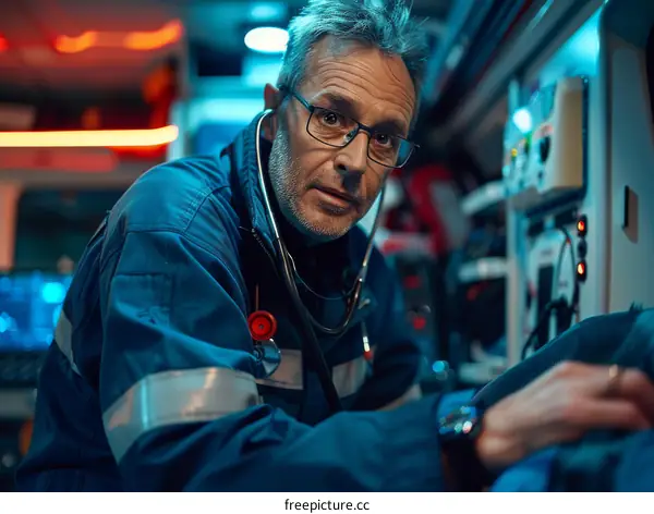 Portrait of a male paramedic wearing glasses and a stethoscope around his neck