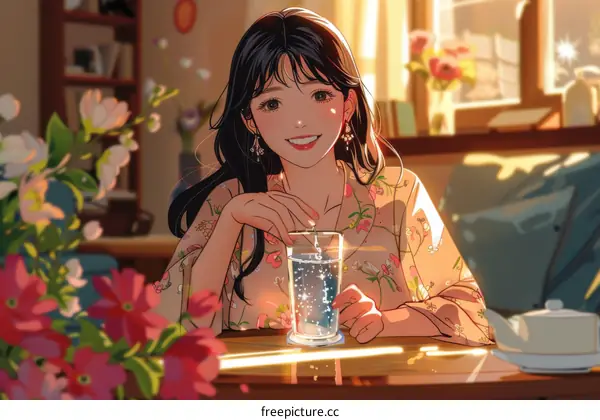 An East Asian woman is drinking water and smiling at the camera.