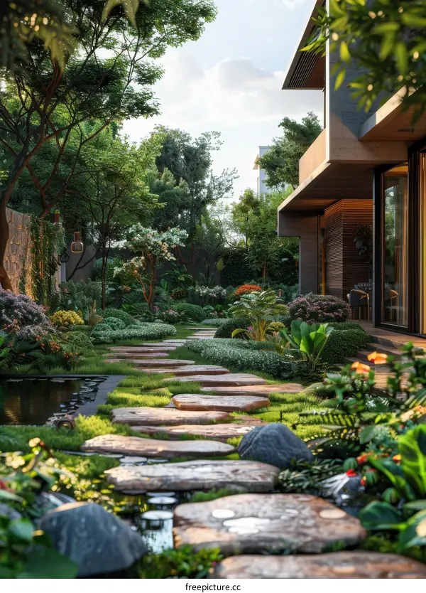 A beautiful garden path leading to a pond