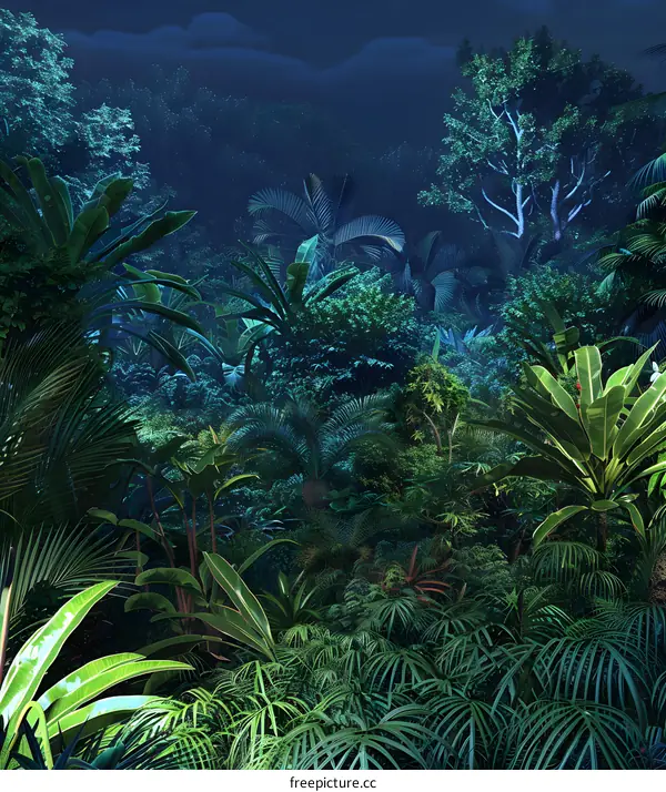 Tropical Rainforest at Night with Lush Greenery