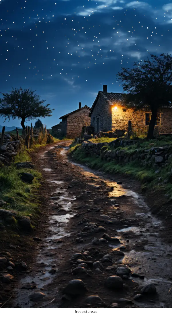 Stone Houses in a Mountain Village Under a Starry Sky
