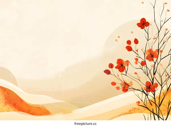 Abstract Minimalist Watercolor Illustration of Orange and Red Flowers on a Tan Background