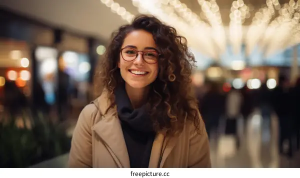 Portrait of a young woman with curly hair smiling in a shopping mall