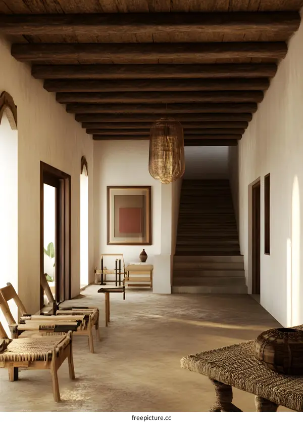 Minimalist Interior Design with Wooden Beams and Rattan Furniture