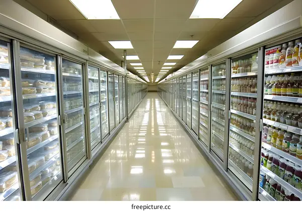Empty Supermarket Aisle With Refrigerated Shelving