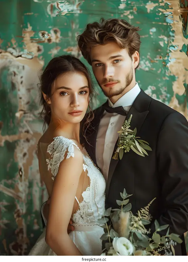 A bride and groom pose for a photo in front of a green wall. The bride is wearing a lace wedding dress and the groom is wearing a black suit. They are both smiling and holding a bouquet of flowers.