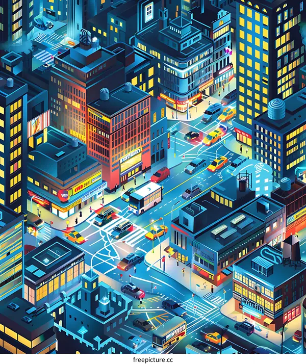 Nighttime Cityscape Illustration with Buildings and Cars