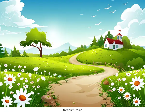 Countryside Landscape with Winding Road and White House