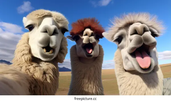 Three funny llamas taking a selfie