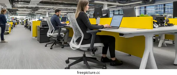 Modern Open Plan Office Space With White Desks And Yellow Partitions