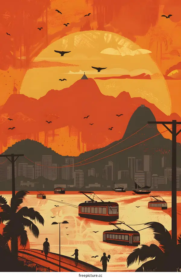 Sunset over Rio de Janeiro with Tram and Palm Trees