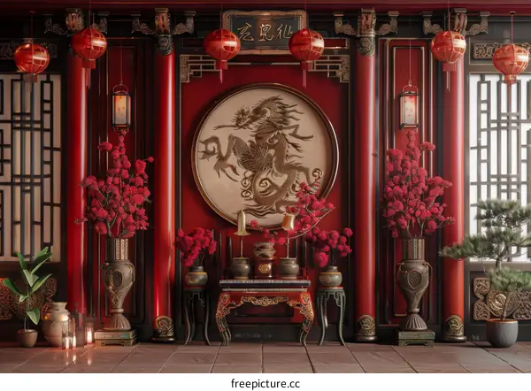 Traditional Chinese Courtyard with Red Walls and Golden Decorations