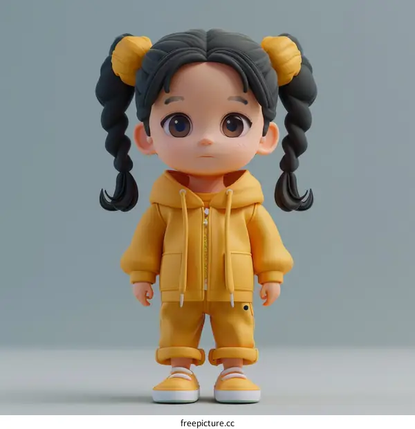 Cute Cartoon Girl in Yellow Outfit with Pigtails