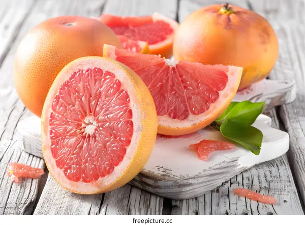 Fresh Ripe Grapefruit Slices On A Wooden Board