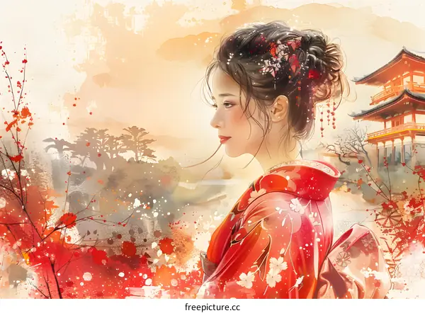 An Asian woman wearing a red kimono with white and pink flowers and a traditional hair bun stands in a field of red and pink flowers with a pagoda in the background