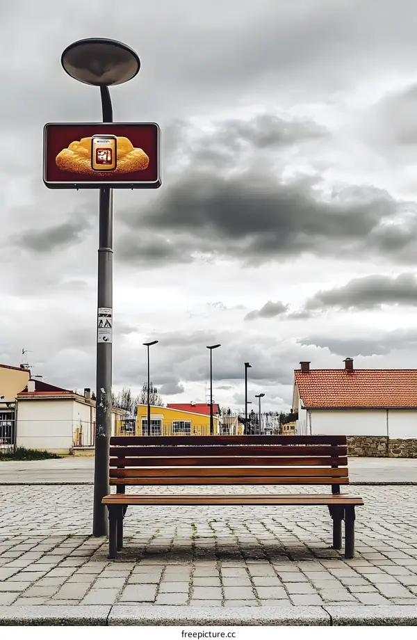 Empty Bench Under Cloudy Sky With Streetlight