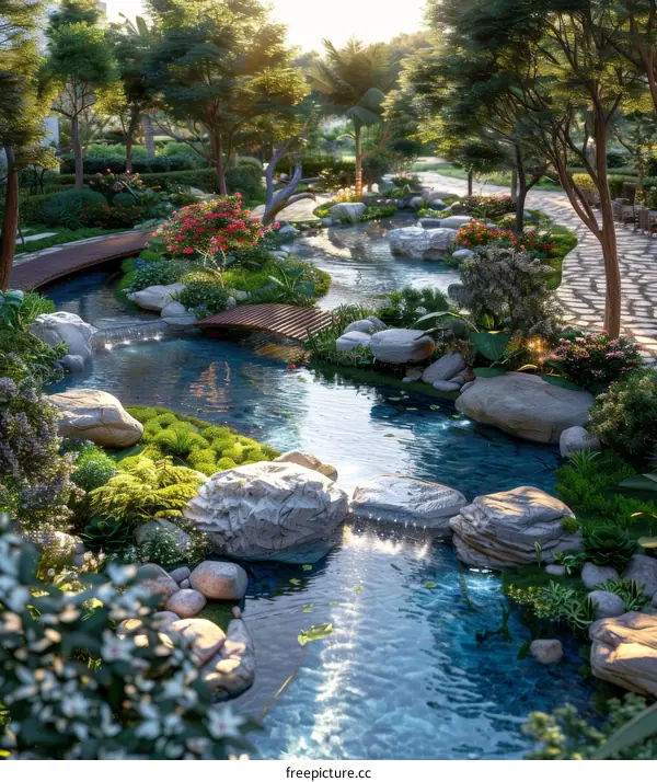 Peaceful Zen Garden with Meandering Stream