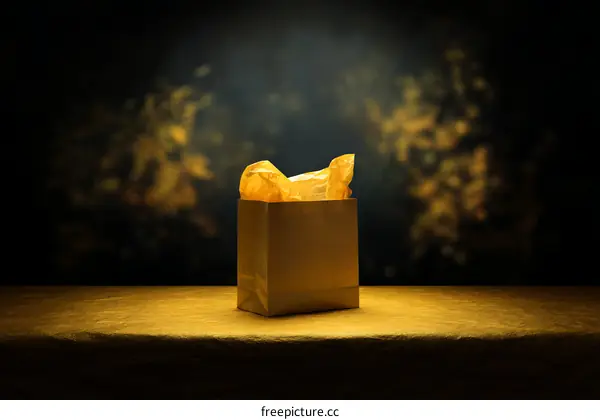 Gift Bag on Golden Tabletop with Dark Background