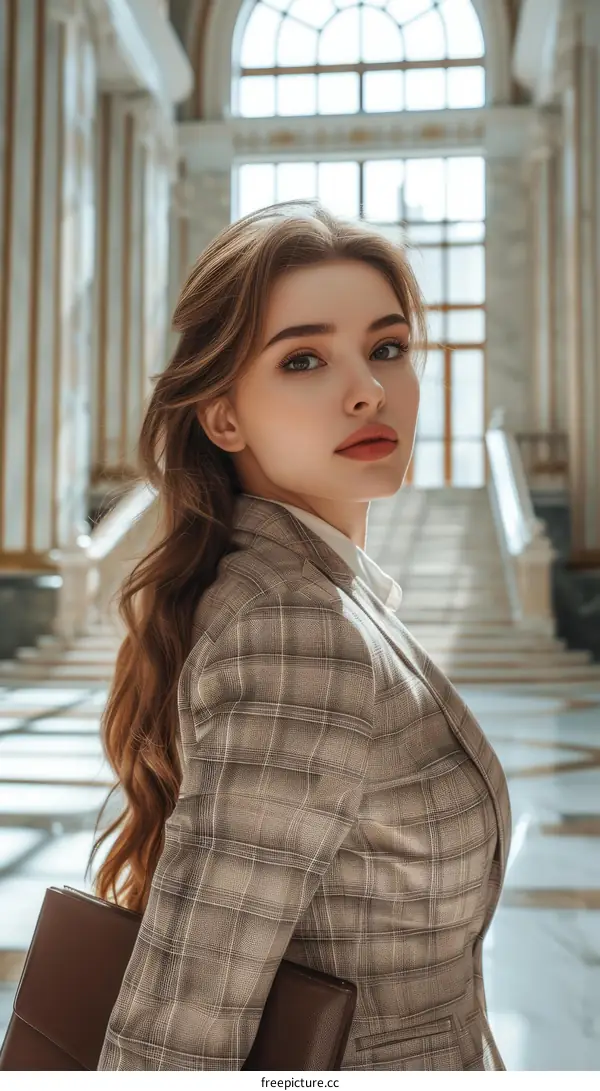 Elegant young woman in a suit standing in a luxurious hall