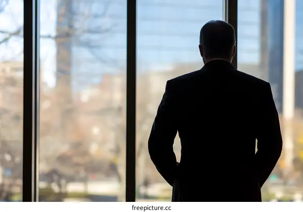 Businessman Looking Out Window at Cityscape