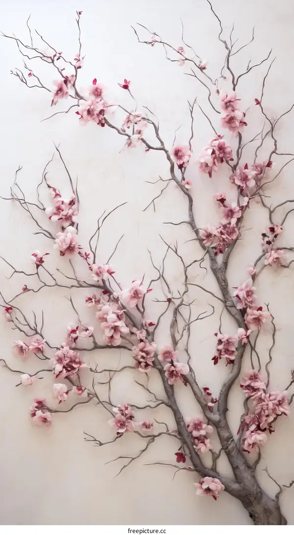 A painting of cherry blossoms on a beige background.
