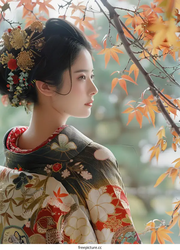 Portrait of a beautiful Japanese woman in traditional kimono with red maple leaves in the background