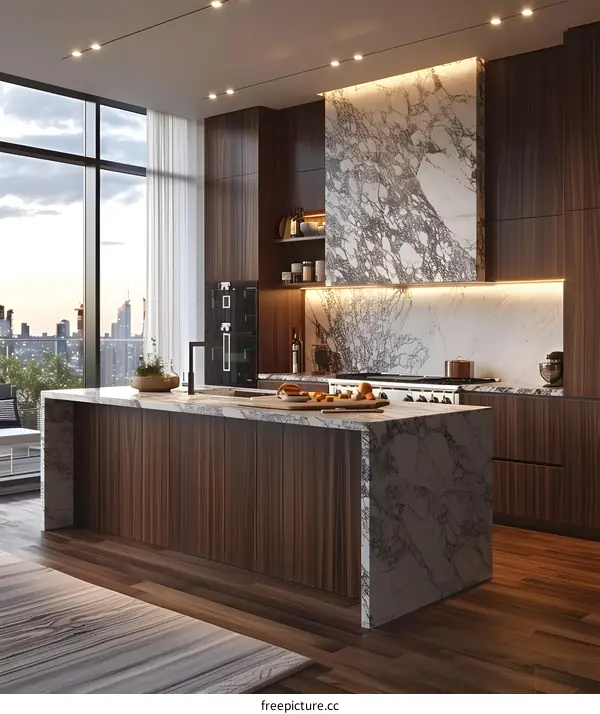Modern Kitchen with Marble Island and City View