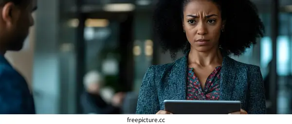 Serious Businesswoman Looking At Tablet In Office