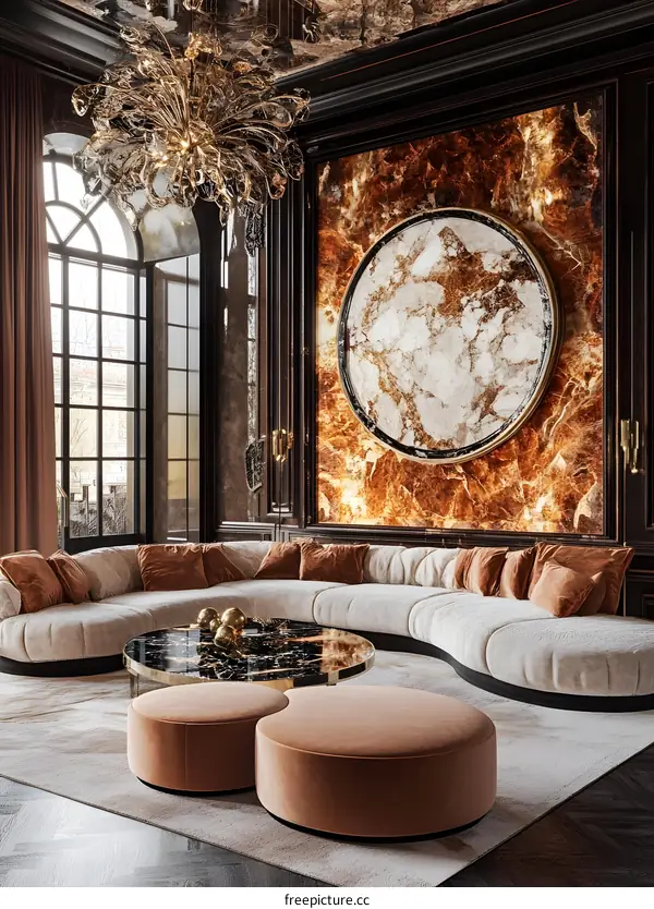 Luxury Living Room Interior Design With Large Marble Wall and Curved Sofa