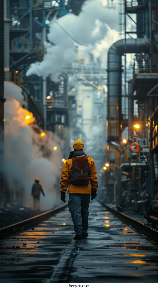 man walking away from the camera in an industrial setting