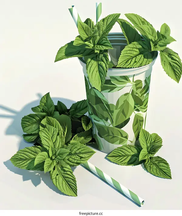 Green Mint Leaves in a Cup with Straw