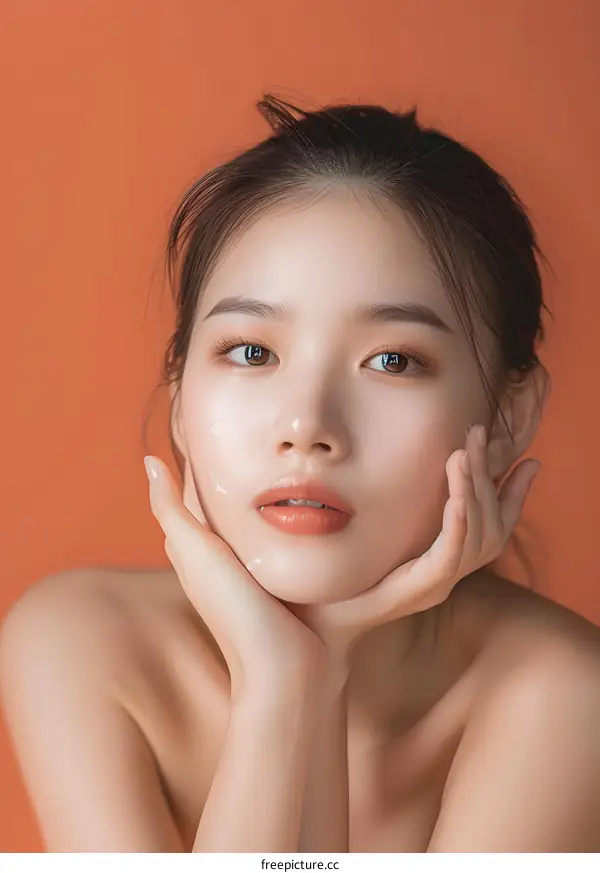 Beautiful Asian Woman With Clear Skin Posing On A Coral Background